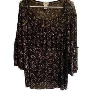 Fig & Olive Dark Floral Sheer Ruffle Detail Top With Bell Sleeves Size 2X